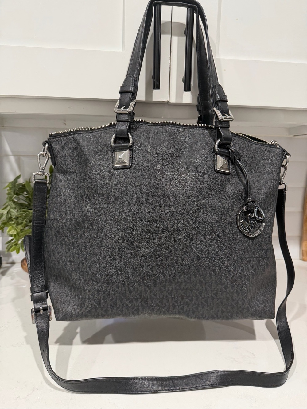 Michael Kors Charcoal/Black MK Logo Tote with Silver Accents
